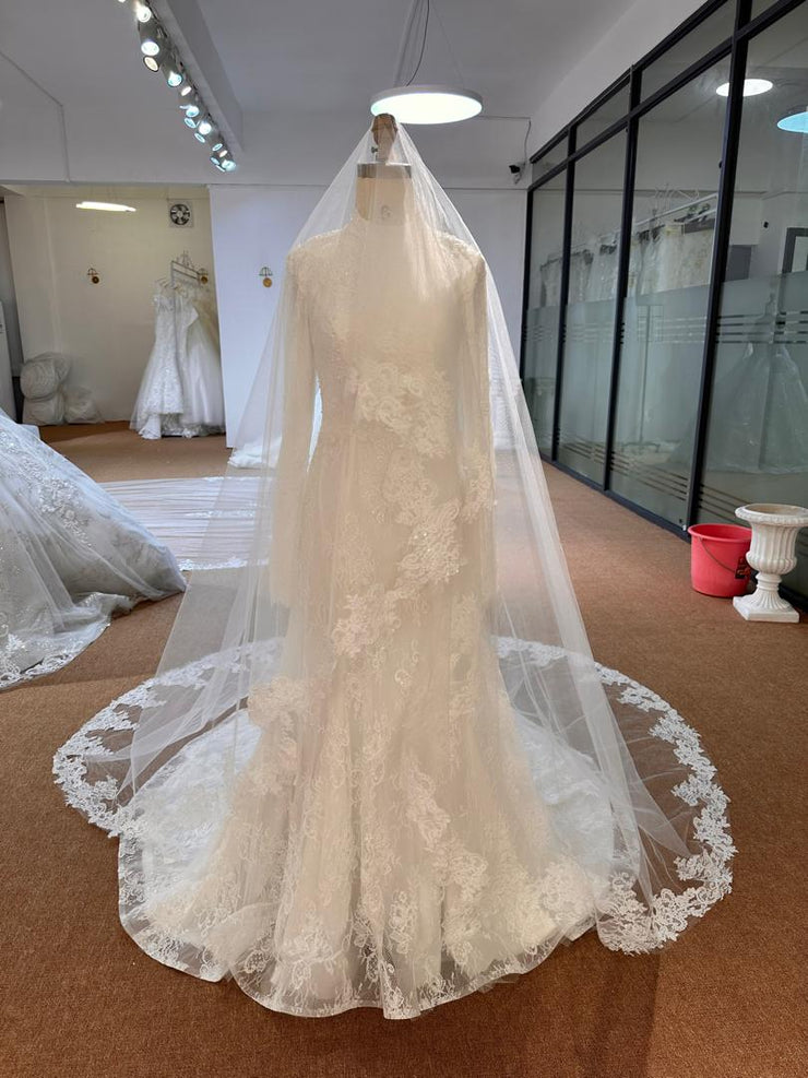 BYG26-53 Modest Long Sleeve A-Line Wedding Dress – Muslim-Friendly Bridal Gown with Back Zipper and Vei