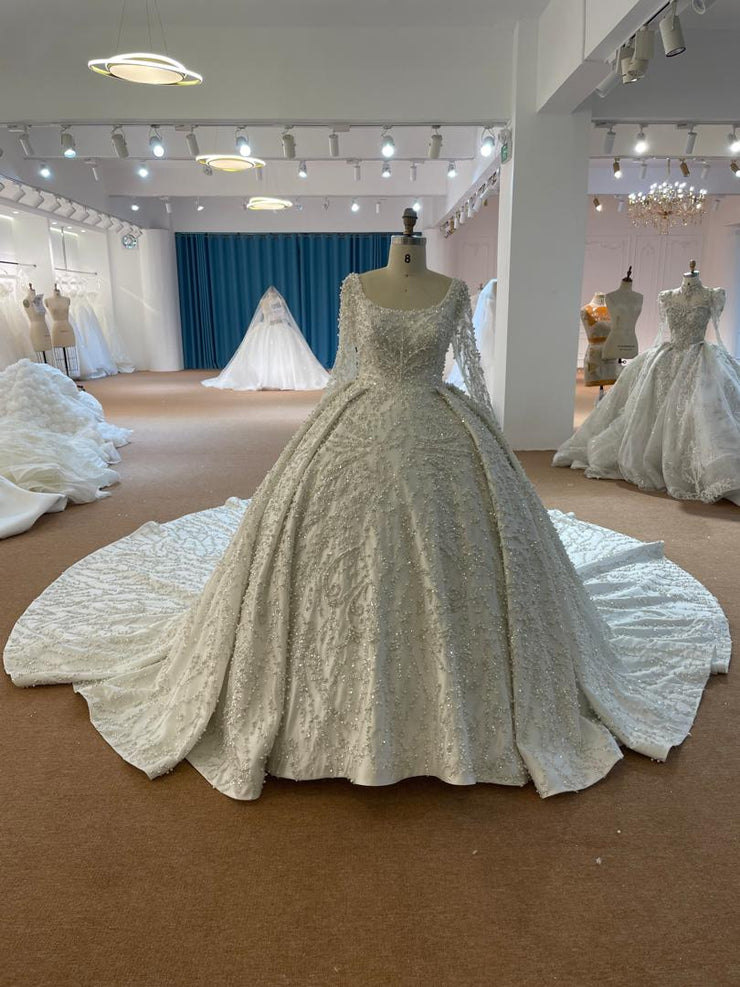 BYG26-80 Heavy Beaded Long Sleeve Ball Gown Wedding Dress – Full Skirt Bridal Gown with Back Zipper