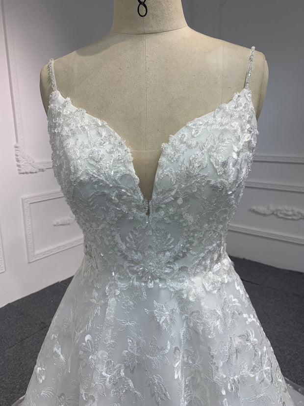 BYG#Y2307 LACE BEADINGS A LINE WEDDING DRESS WITH SMALL SHOULDER STRAP.
