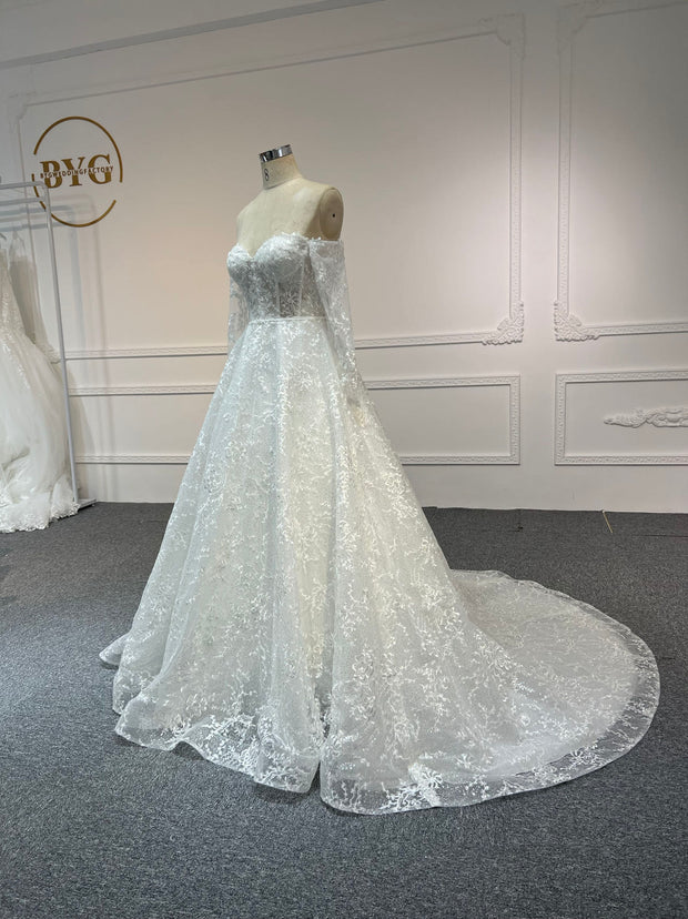 BYG#Y2319 LACE BEADINGS A LINE WEDDING DRESS WITH LONG SLEEVE