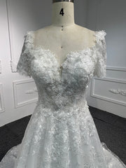BYG#Y2325 Short-sleeved 3D lace flowers, luxurious beading, A-line