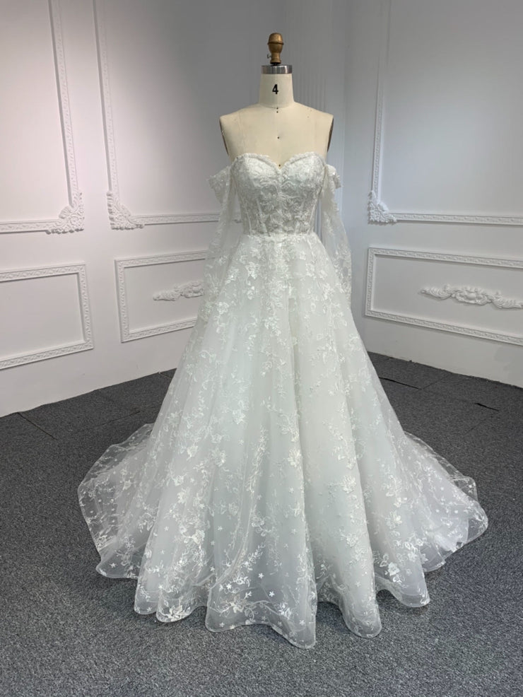 BYG#Y2327 LACE BEADINGS A LINE WEDDING DRESS WITH LONG SLEEVE