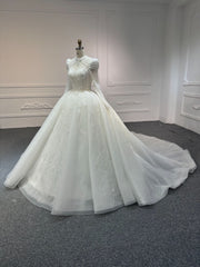 BYG#Z317-2 FULL LACE IVORY LONG SLEEVES WEDDING GOWN WITH 100CM TAIL