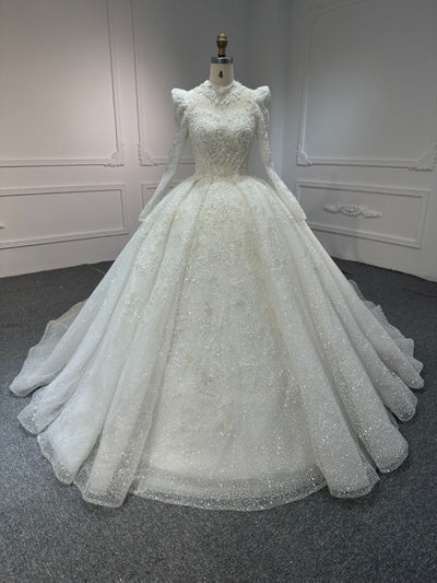 BYG#Z317-3 FULL LACE IVORY LONG SLEEVES WEDDING GOWN WITH 100CM TAIL