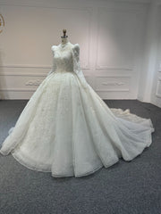 BYG#Z317-3 FULL LACE IVORY LONG SLEEVES WEDDING GOWN WITH 100CM TAIL
