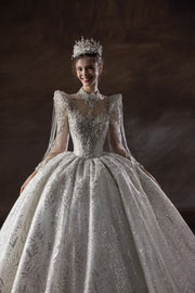 HT COLLECTION 01 LUXURIOUS HAN-BEADED Diamond-EMBELLISHED BALL GOWN WITH STATEMENT SHOULDER DESIGN