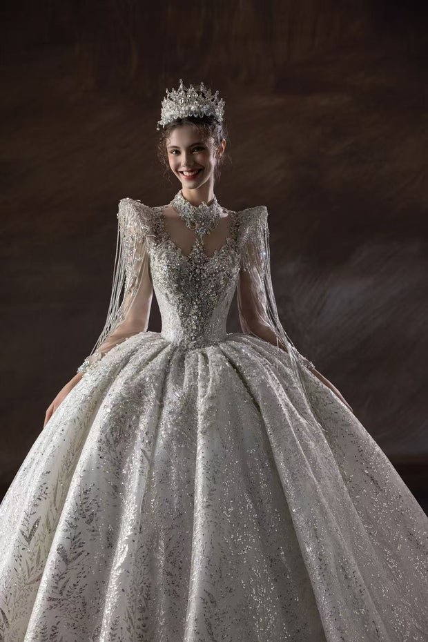 HT COLLECTION 01 LUXURIOUS HAN-BEADED Diamond-EMBELLISHED BALL GOWN WITH STATEMENT SHOULDER DESIGN
