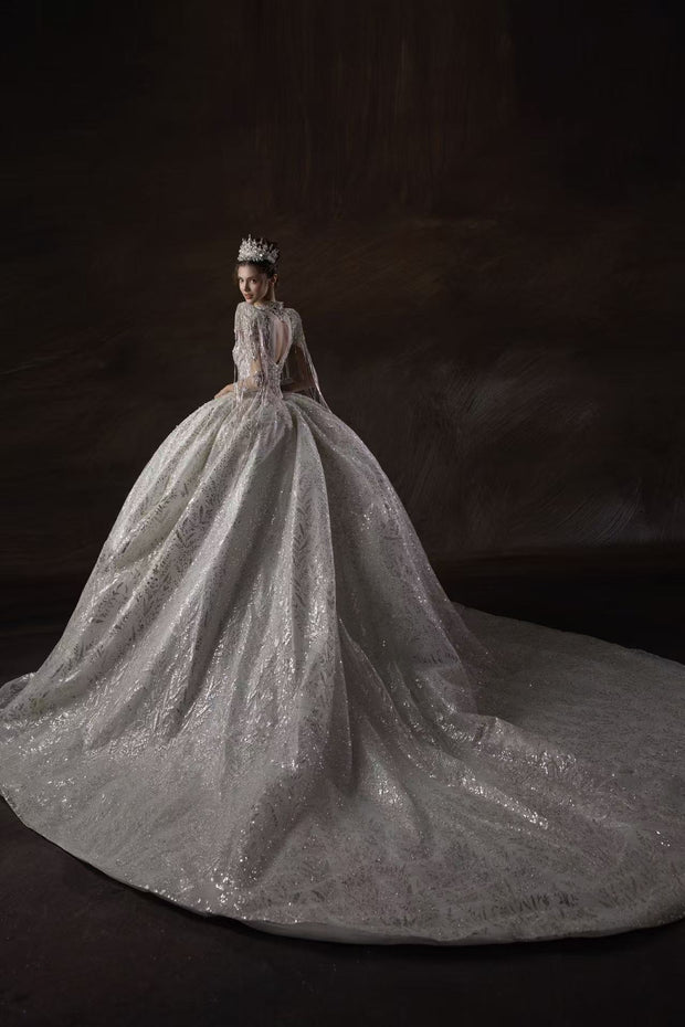 HT COLLECTION 01 LUXURIOUS HAN-BEADED Diamond-EMBELLISHED BALL GOWN WITH STATEMENT SHOULDER DESIGN