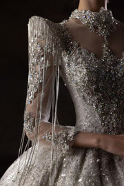 HT COLLECTION 01 LUXURIOUS HAN-BEADED Diamond-EMBELLISHED BALL GOWN WITH STATEMENT SHOULDER DESIGN