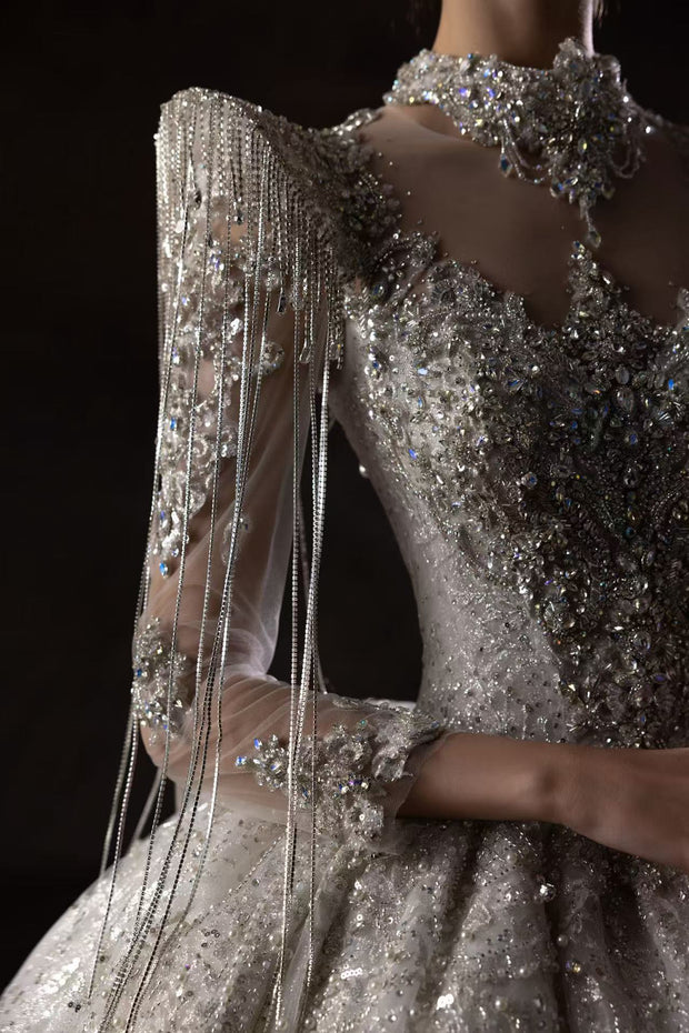 HT COLLECTION 01 LUXURIOUS HAN-BEADED Diamond-EMBELLISHED BALL GOWN WITH STATEMENT SHOULDER DESIGN
