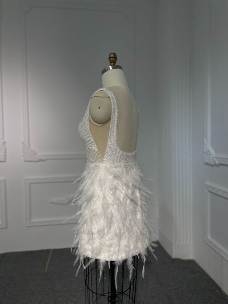 BYG23-40 Sleeveless feather dress + detachable skirt, luxurious beading
