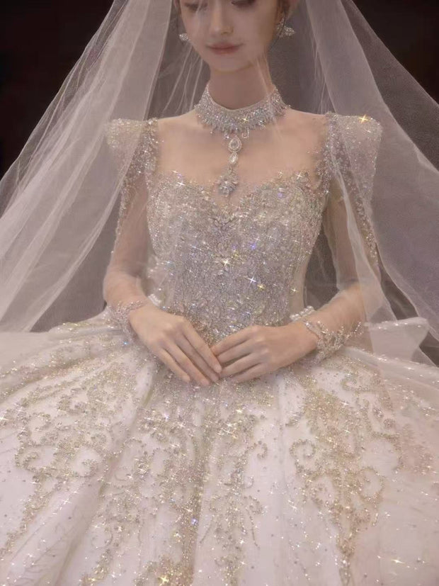 HT COLLECTION 05 LUXURY HEAVY-DUTY LONG-SLEEVED BIG TRAIN WEDDING DRESS