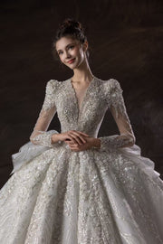 HT COLLECTION 07 LONG-SLEEVE V-NECK HEAVY BEAD LUXURY LONG-TRAIN BALLGOWN