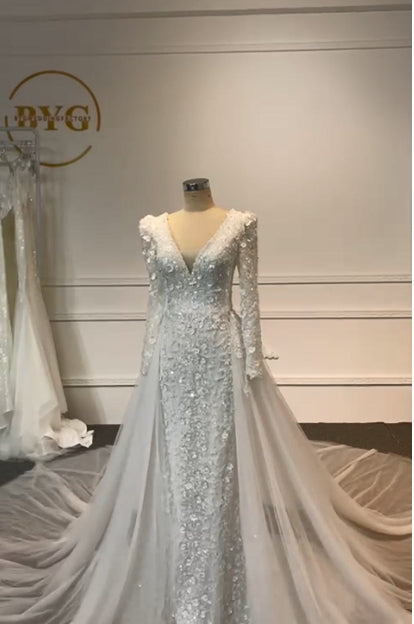 BYG24-32 PEARL THREE-DIMENSIONAL FLOWER RETRI FISHTAIL WEDDING DRESS (DETACHABLE  TRAIN)