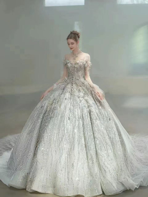 DIVINE 09 LUXURY HAND EMBROIDERED TULLE OFF SHOULDER CHEST LINE  ADORNED WITH 3D BUTTERFLIES LONG SLEEVES BALLGOWN