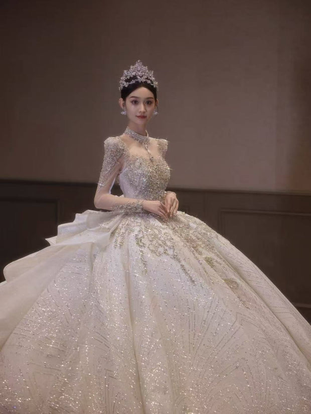 HT COLLECTION 05 LUXURY HEAVY-DUTY LONG-SLEEVED BIG TRAIN WEDDING DRESS