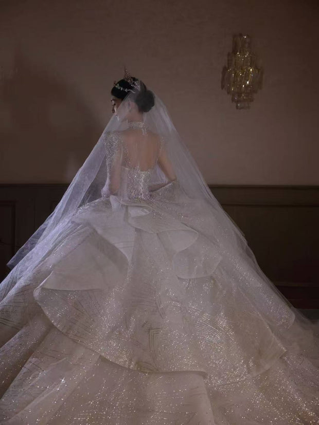 HT COLLECTION 05 LUXURY HEAVY-DUTY LONG-SLEEVED BIG TRAIN WEDDING DRESS