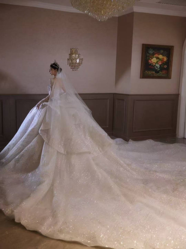 HT COLLECTION 05 LUXURY HEAVY-DUTY LONG-SLEEVED BIG TRAIN WEDDING DRESS