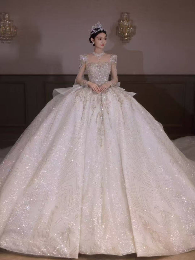 HT COLLECTION 05 LUXURY HEAVY-DUTY LONG-SLEEVED BIG TRAIN WEDDING DRESS