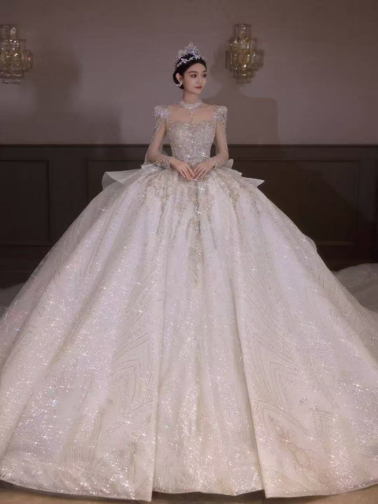 HT COLLECTION 05 LUXURY HEAVY-DUTY LONG-SLEEVED BIG TRAIN WEDDING DRESS EU38