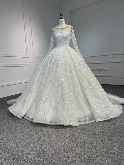 BYG-#Z301Long-sleeved hand-stitched pearl sequins large canopy long tail wedding dress