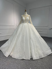 BYG-#LB19-Luxurious hand-beaded low-cut long-sleeve wedding dress