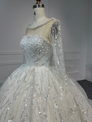 BYG-#Z301Long-sleeved hand-stitched pearl sequins large canopy long tail wedding dress