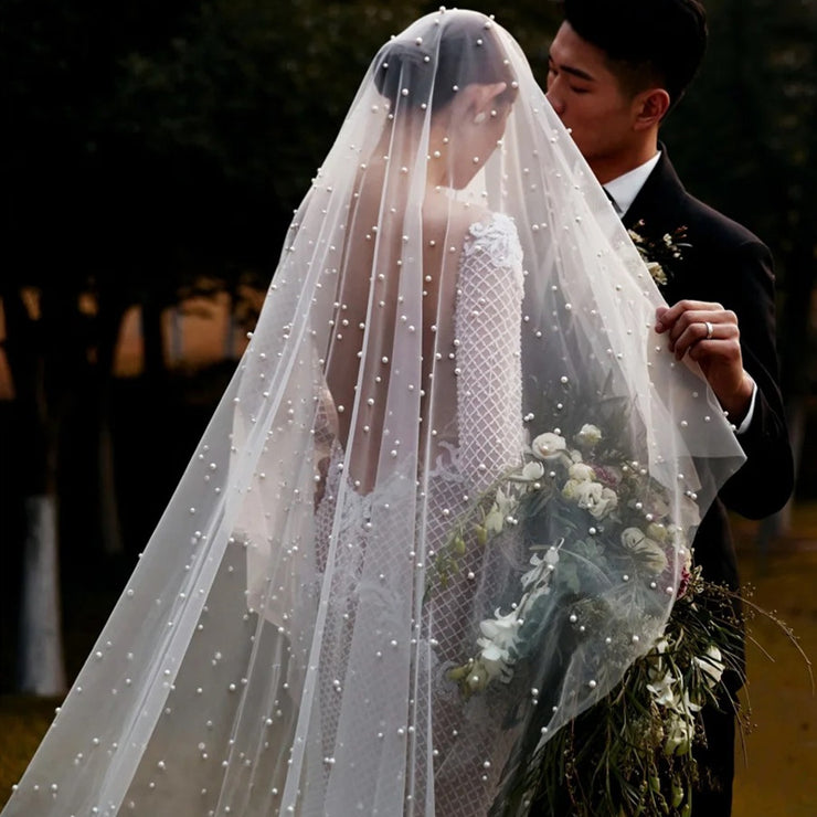 Wedding dress Pearly Long Veil Bridal Veil with Pearls