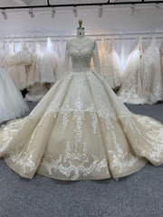 BYG fashion design champagne wedding dress chapel train