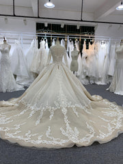 BYG fashion design champagne wedding dress chapel train