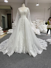 BYG long sleeves V-neck lace wedding dress with detachable train