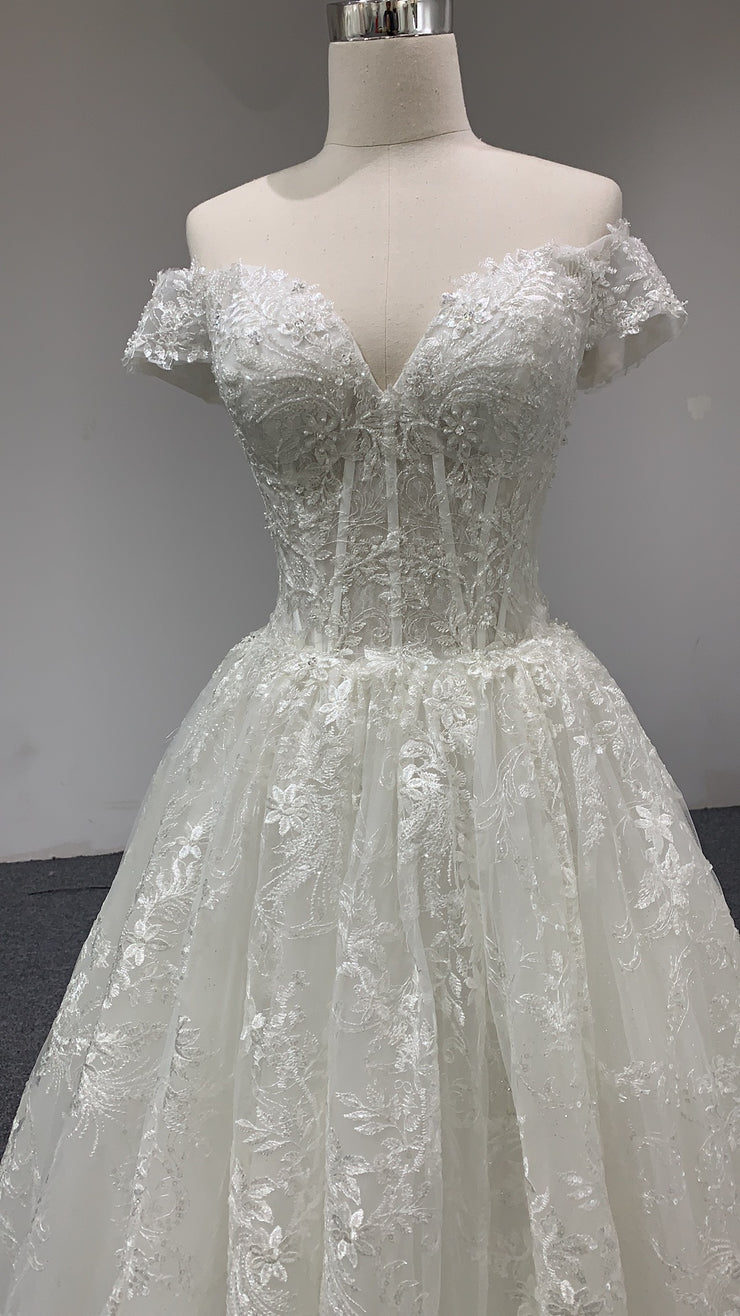 BYG beautiful off the shouler champagne A line wedding dress