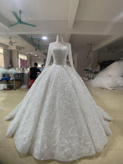29747-BYG long sleeves heavy beadings white wedding gown