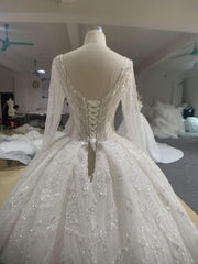 29747-BYG long sleeves heavy beadings white wedding gown