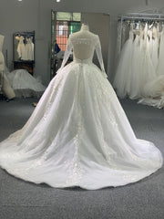 005# Long Sleeve Bead Lace Hollow Wedding Dress with Long Trails