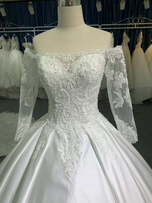 C-001#Ivory Taffeta Off-shoulder Applique Wedding dress