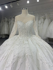 B202# Long Sleeved Full Bead Wedding Grown Dress With Big Tail