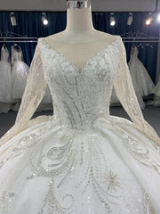 B02# Long Sleeves Heavy Beads Wedding Dress Large Trailing Tail