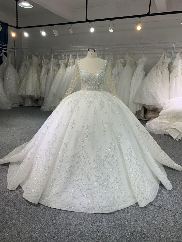 B212# Long Sleeve Pearl Beaded Wedding Dresses Ball Gown U-neck BYG Wedding Factory B212# Long Sleeve Pearl Beaded Wedding Dresses Ball Gown U-neck BYG Wedding Factory