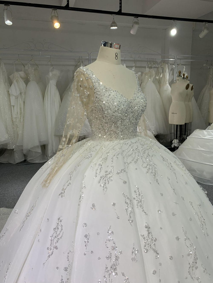 B212# Long Sleeve Pearl Beaded Wedding Dresses Ball Gown U-neck