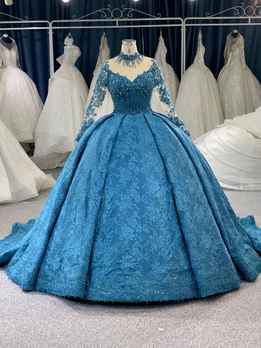 B208 #Large Trailing Tail Of Blue Lace Embroidery Long Sleeve Wedding Grown Dress 54
