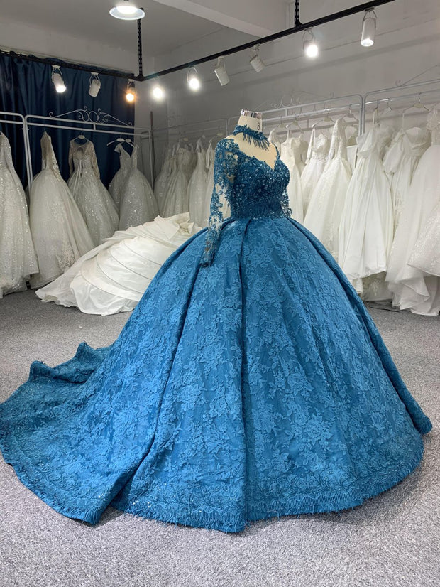 B208 #Large Trailing Tail Of Blue Lace Embroidery Long Sleeve Wedding Grown Dress