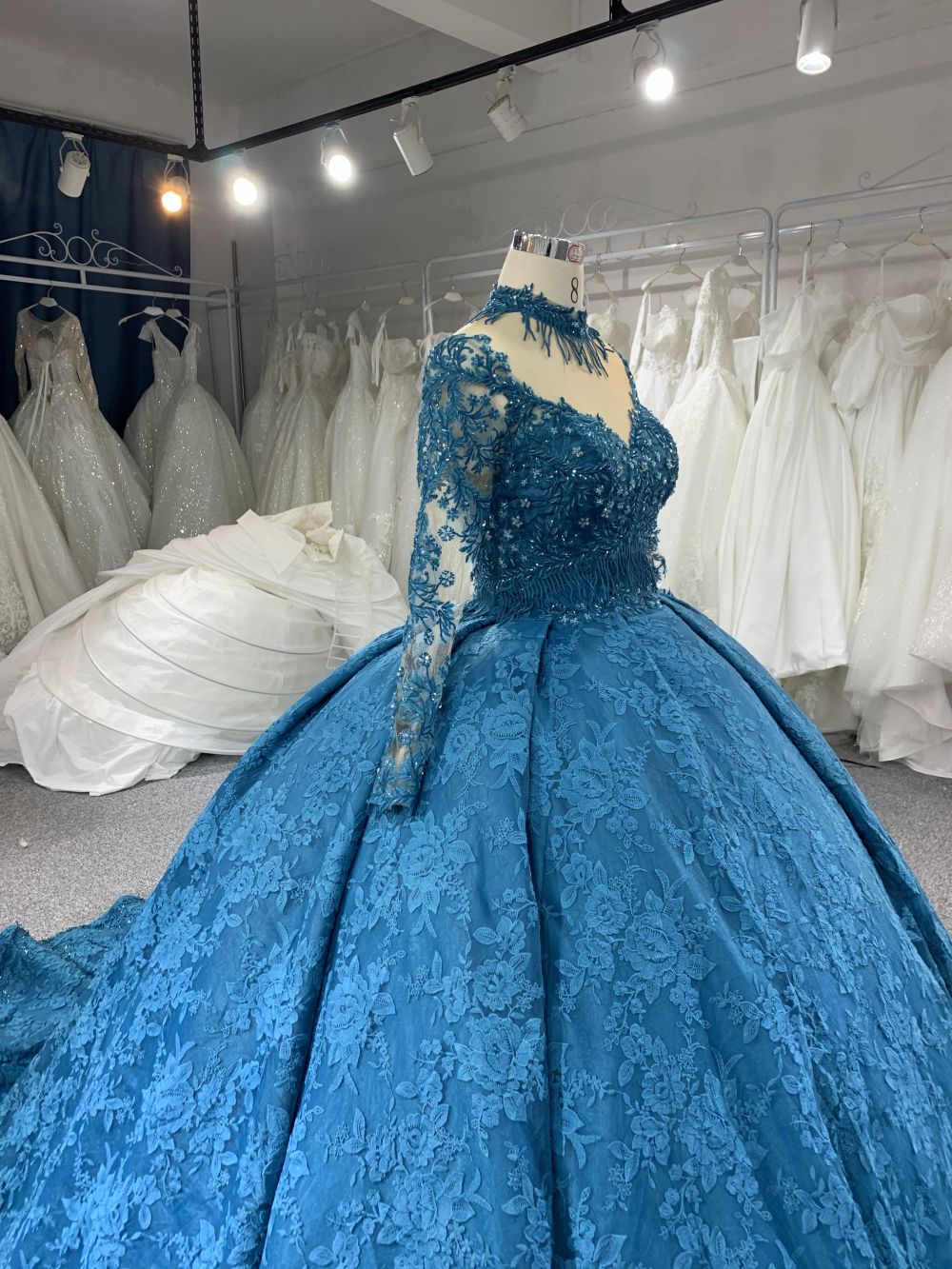 chinese dress ladies B208 #Large Trailing Tail of Blue Lace Embroidery Long Sleeve Wedding Grown Dress 54