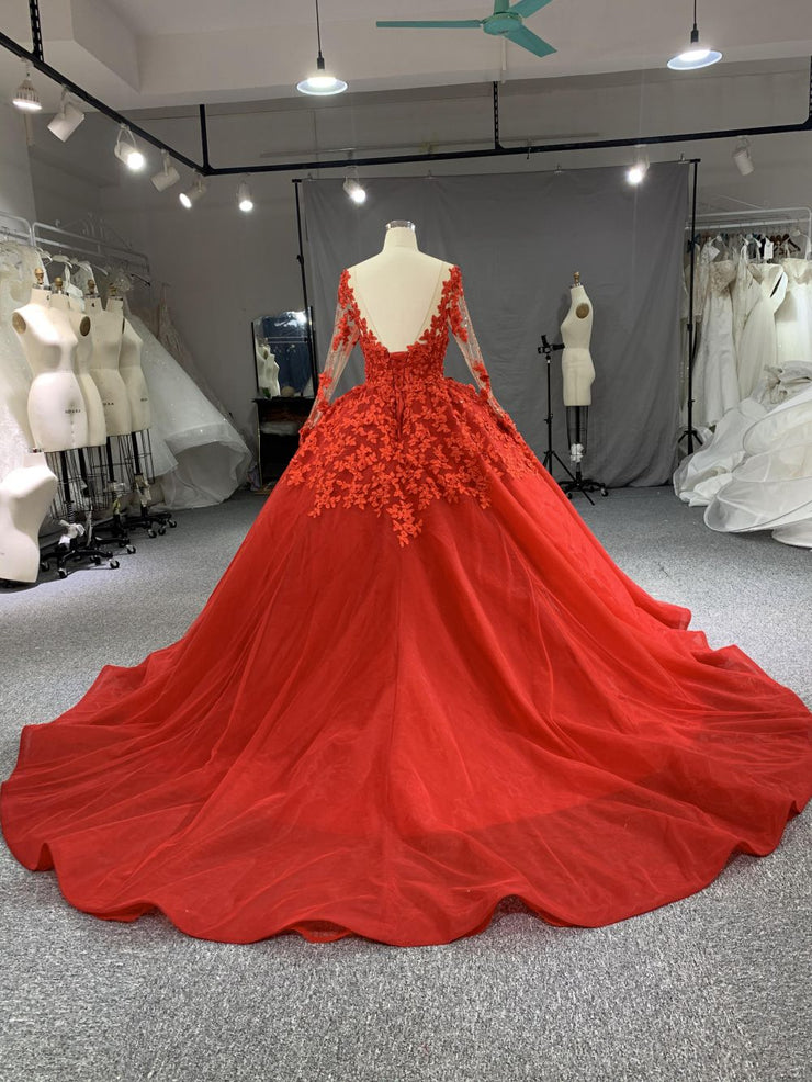 B206# Red Long Sleeve Beading 3D Lace Weeding Grown Dress With Long Trail