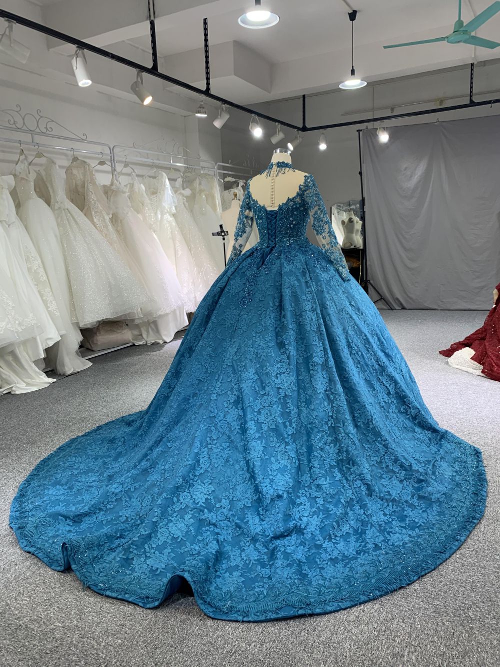B208 #Large Trailing Tail of Blue Lace Embroidery Long Sleeve Wedding Grown Dress 54