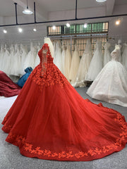 B206# Red Long Sleeve Beading 3D Lace Weeding Grown Dress With Long Trail