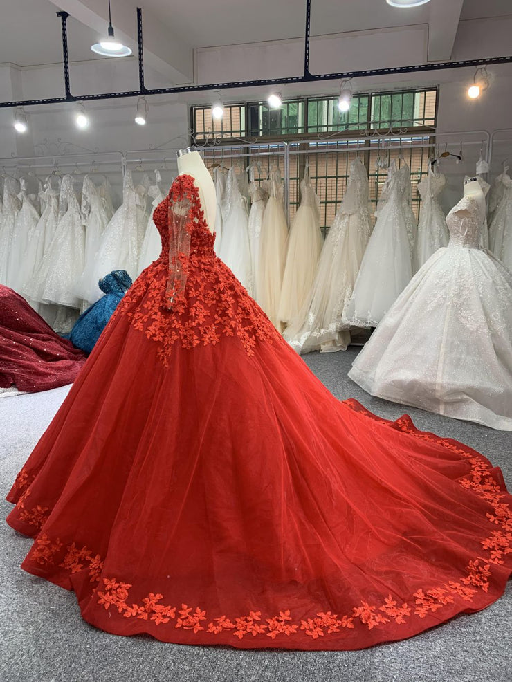 B206# Red Long Sleeve Beading 3D Lace Weeding Grown Dress With Long Tr BYG Wedding Factory B206# Red Long Sleeve Beading 3D Lace Weeding Grown Dress With Long Tr BYG Wedding Factory