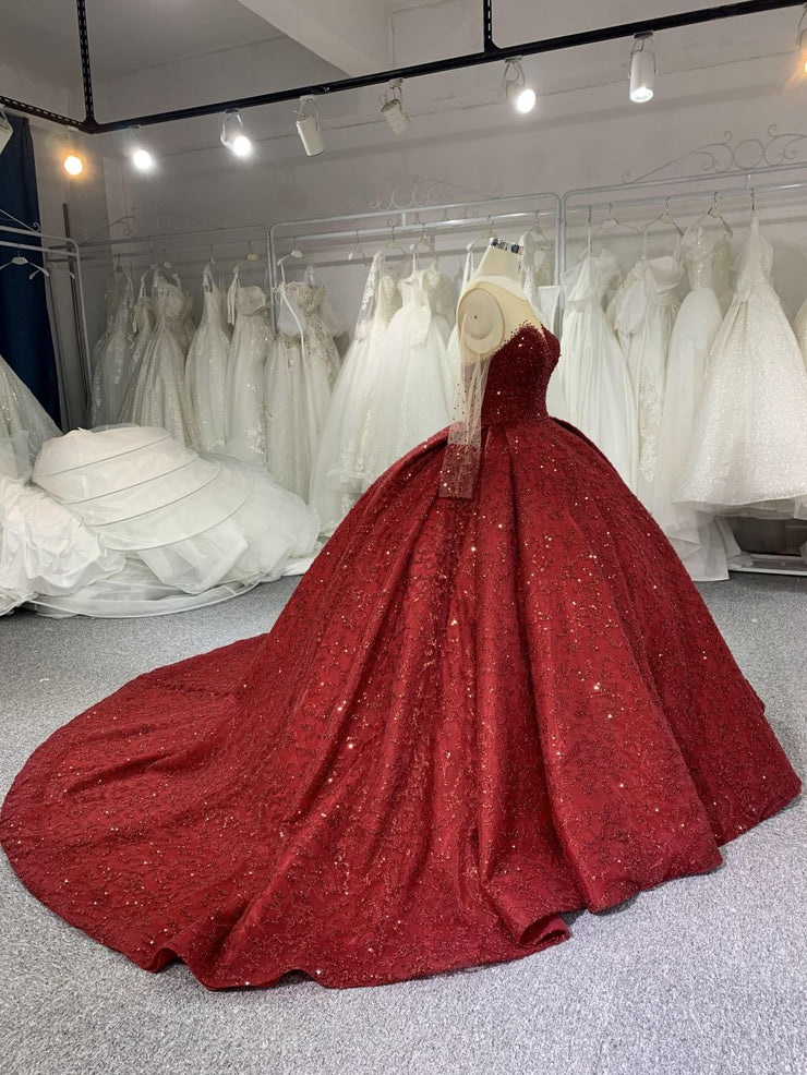 B204#Red Trailing Long Slveeves Full Beads Wedding Grown Dress