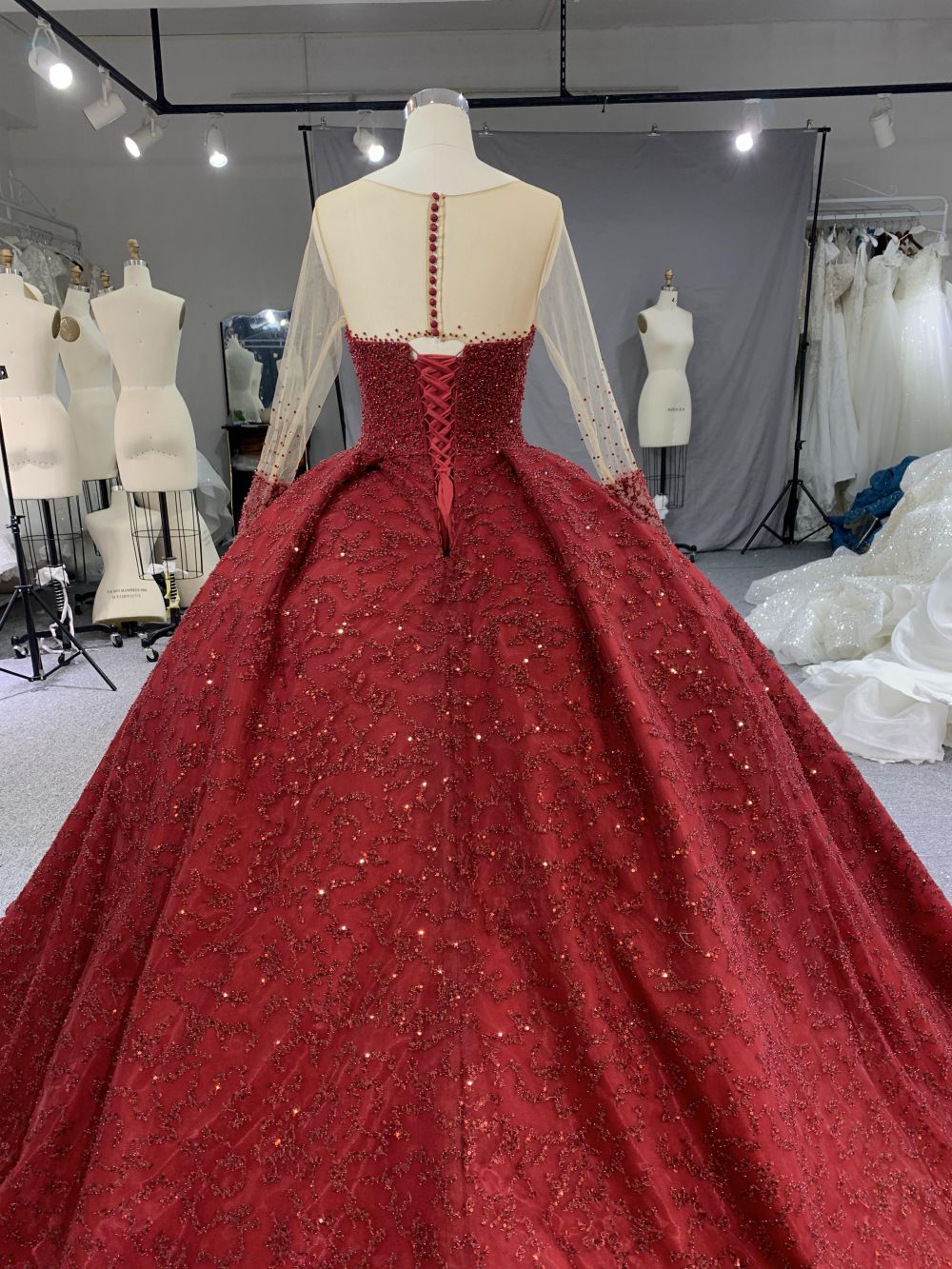 slim fit dress slacks B204#Red Trailing Long Slveeves Full Beads Wedding Grown Dress 38