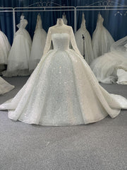 B215# Luxury crystal beaded high neck royal ballgown wedding dress with puffy long sleeve and tiered skirt